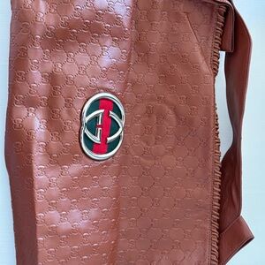 Brown Embossed Tote Bag with Red and Green Logo